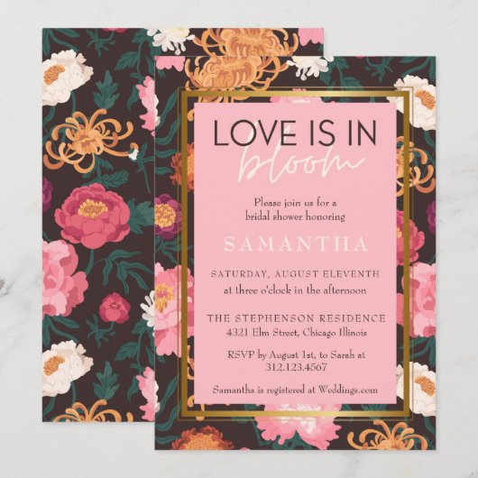 ピンクとブラウンのボヘミアンフラワーブライダルシャワー 招待状 (正面/裏面)