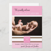 ピンクとブラウンのモノグラムガールベビー発表 案内状 (正面/裏面)