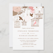 ピンクとブラウンのヴィンテージ結婚バードケーズ 招待状 (正面)