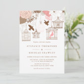 ピンクとブラウンのヴィンテージ結婚バードケーズ 招待状 (スタンド正面)