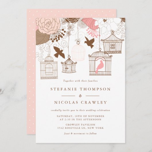 ピンクとブラウンのヴィンテージ結婚バードケーズ 招待状 (正面/裏面)