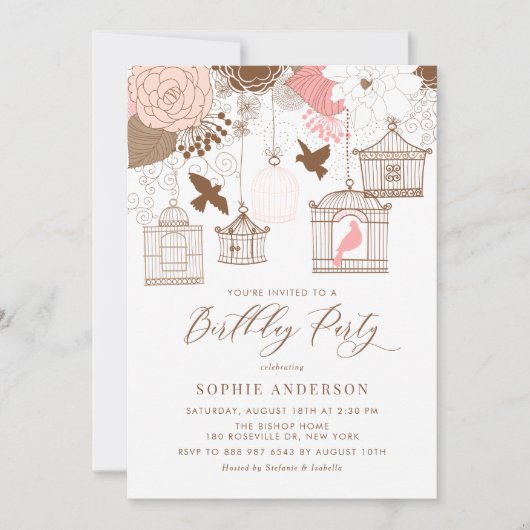 ピンクとブラウンのヴィンテージ誕生日パーティー 招待状 (正面)