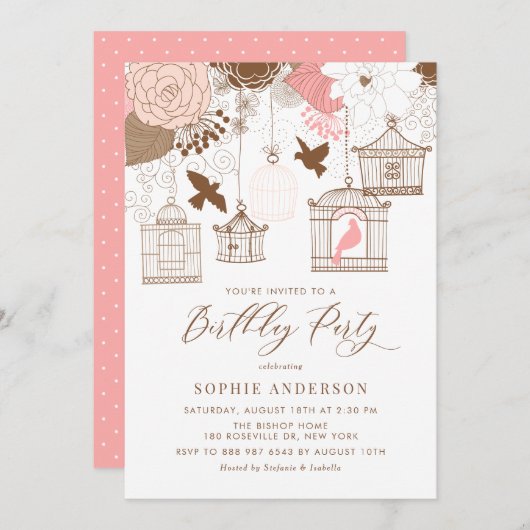 ピンクとブラウンのヴィンテージ誕生日パーティー 招待状 (正面/裏面)
