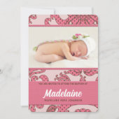 ピンクとブラウンの女の子のバプテスマヴィンテージフローラ 招待状 (正面)