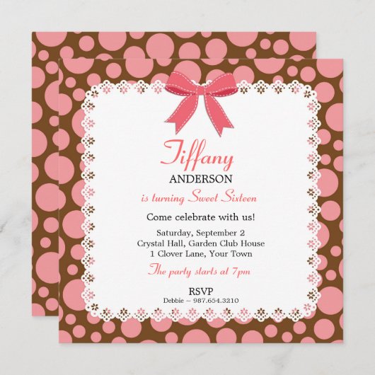 ピンクとブラウンの水玉模様とレース甘い16誕生日 招待状 (正面/裏面)