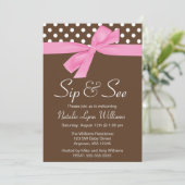 ピンクとブラウンの水玉模様のボウ 招待状 (スタンド正面)