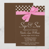 ピンクとブラウンの水玉模様のボウ 招待状 (正面/裏面)