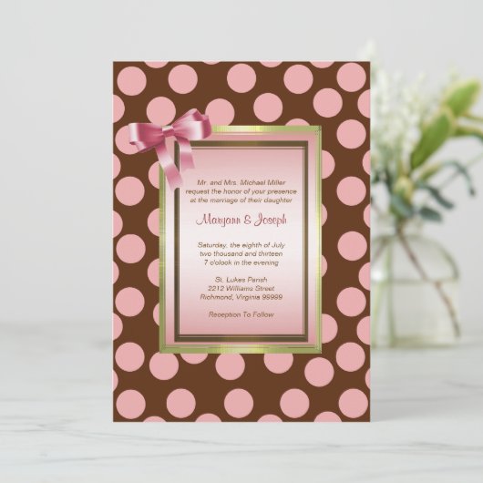ピンクとブラウンの水玉模様招待状テンプレート 招待状 (スタンド正面)
