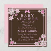 ピンクとブラウンの花のモダンなベビーシャワー招待状 招待状 (正面/裏面)