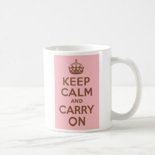 ピンクとブラウンのKeep Calm and Carry On コーヒーマグカップ