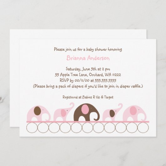 ピンクとブラウンゾウの少女のベビーシャワー 招待状 (正面/裏面)