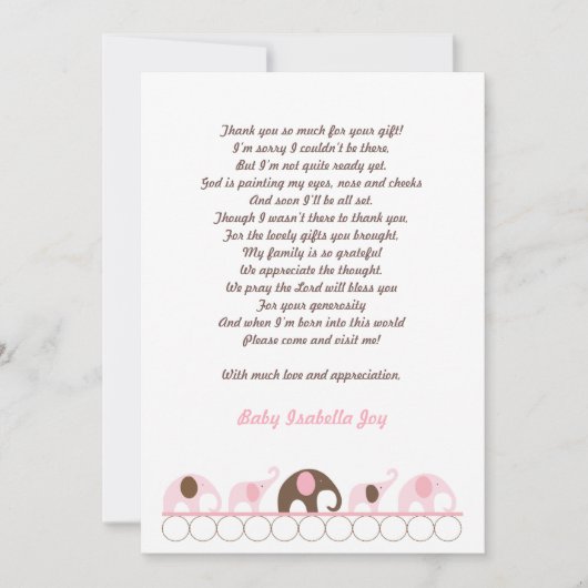 ピンクとブラウンゾウ、詩で感謝の意を表す サンキューカード (正面)