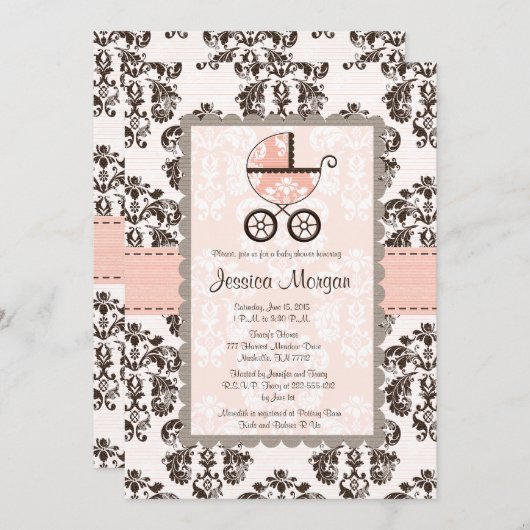 ピンクとブラウンダマスクベビーシャワー招待状 招待状 (正面/裏面)