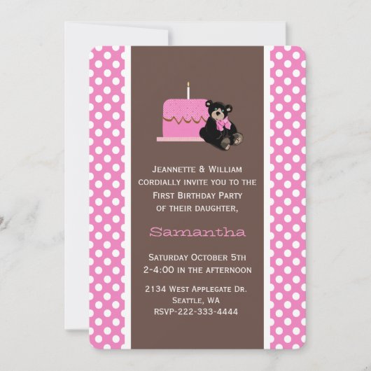 ピンクとブラウンベビー初の誕生日招待状 招待状 (正面)