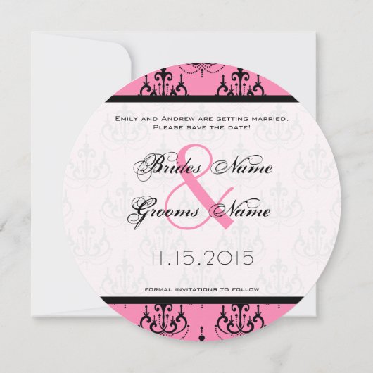 ピンクとブラックあなたの写真ピンクのシャンデリア結婚ズ 招待状 (裏面)