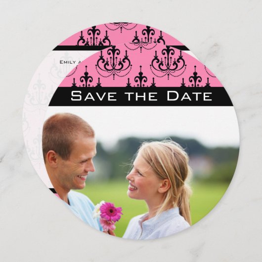 ピンクとブラックあなたの写真ピンクのシャンデリア結婚ズ 招待状 (正面/裏面)