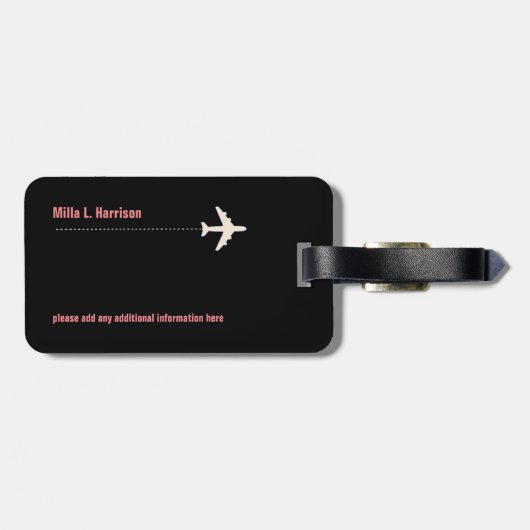 ピンクとブラック'ここに再び行く飛行機の旅行 ラゲッジタグ (裏面横)