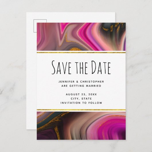 ピンクとブラックと金ゴールド渦巻き旋回が日付を保存 インビテーションポストカード (正面/裏面)