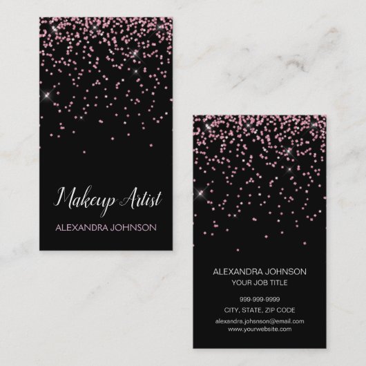 ピンクとブラックのエレガントグリッターメイクアップアーティスト 名刺 (正面/裏面)