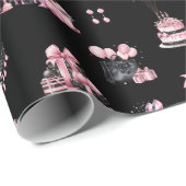 ピンクとブラックのオートクチュールファッション誕生日パターン ラッピングペーパー (ロールコーナー)