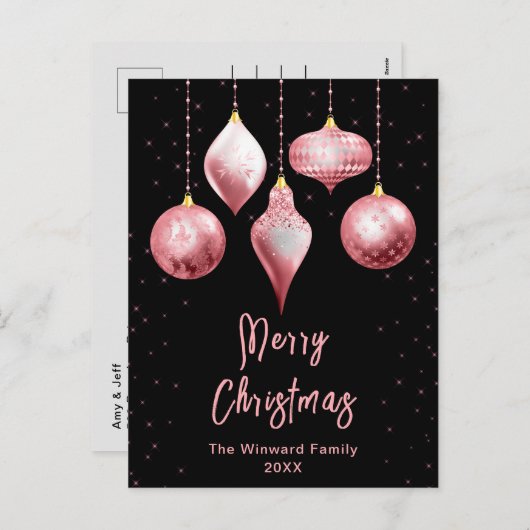 ピンクとブラックのオーナメントメリークリスマス シーズンポストカード (正面/裏面)
