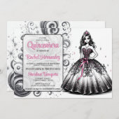 ピンクとブラックのキンセアニエラの女の子 招待状 (正面/裏面)
