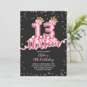 ピンクとブラックのクラウンバルーン 13歳の誕生日 招待状 (スタンド正面)