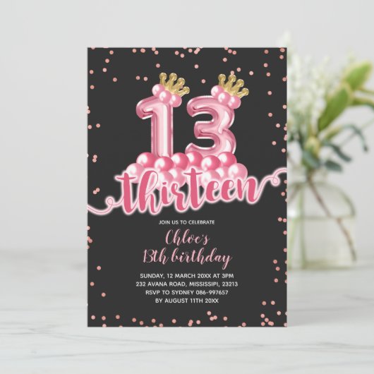 ピンクとブラックのクラウンバルーン 13歳の誕生日 招待状 (スタンド正面)