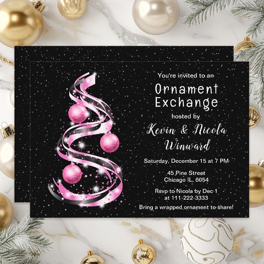 ピンクとブラックのクリスマスオーナメント交換 招待状