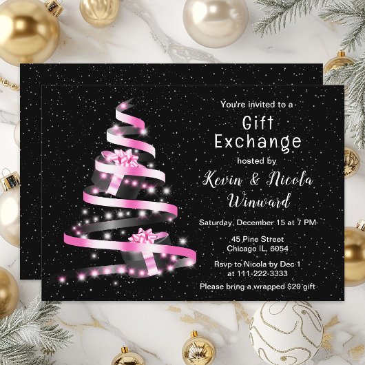 ピンクとブラックのクリスマスプレゼント交換 招待状