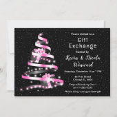 ピンクとブラックのクリスマスプレゼント交換 招待状 (正面)