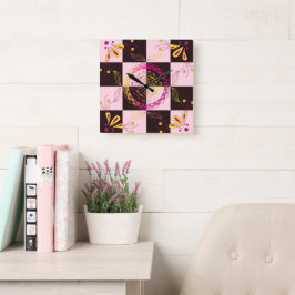 ピンクとブラックのグラフィックアート、神秘的なチェッカーボード スクエア壁時計