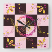 ピンクとブラックのグラフィックアート、神秘的なチェッカーボード スクエア壁時計 (正面)