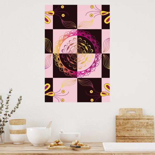 ピンクとブラックのグラフィックアート、神秘的なチェッカーボード ポスター (キッチン)