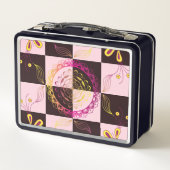 ピンクとブラックのグラフィックアート、神秘的なチェッカーボード メタルランチボックス (裏面)