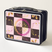 ピンクとブラックのグラフィックアート、神秘的なチェッカーボード メタルランチボックス (正面)