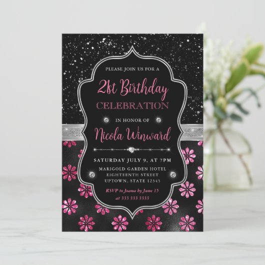 ピンクとブラックのグリッターの花21歳の誕生日 招待状 (スタンド正面)