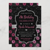 ピンクとブラックのグリッターの花21歳の誕生日 招待状 (正面/裏面)
