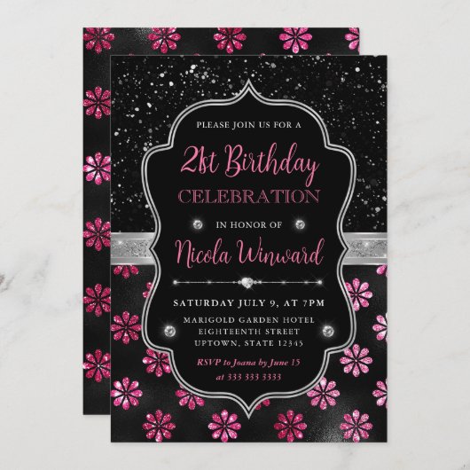 ピンクとブラックのグリッターの花21歳の誕生日 招待状 (正面/裏面)