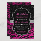 ピンクとブラックのグリッターストライプタイガー21歳の誕生日 招待状 (正面/裏面)