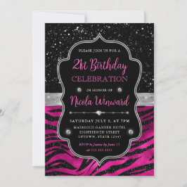 ピンクとブラックのグリッターストライプタイガー21歳の誕生日 招待状