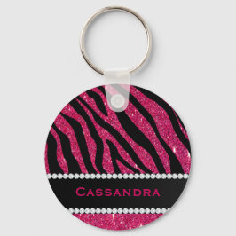 ピンクとブラックのグリッターゼブラプリントダイヤモンド名 キーホルダー