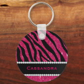 ピンクとブラックのグリッターゼブラプリントダイヤモンド名 キーホルダー (正面)