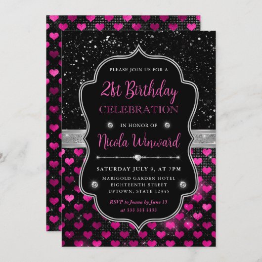 ピンクとブラックのグリッターハート21st誕生日 招待状 (正面/裏面)