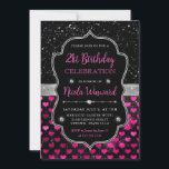 ピンクとブラックのグリッターハート21st誕生日 招待状<br><div class="desc">グラマラスなブラックフォイルとピンクのグリッターハートと銀のヴィンテージフレームとダイヤモンドを持つブラックグリッターデザイン</div>