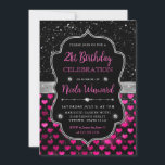 ピンクとブラックのグリッターハート21st誕生日 招待状<br><div class="desc">グラマラスなブラックフォイルとピンクのグリッターハートと銀のヴィンテージフレームとダイヤモンドを持つブラックグリッターデザイン</div>