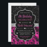 ピンクとブラックのグリッターフローラダマスク21st誕生日 招待状<br><div class="desc">グラマラスなブラックフォイルとピンクのグリッターフラワーダマスクとシルバーのヴィンテージフレームとダイヤモンドを持つブラックグリッターデザイン</div>