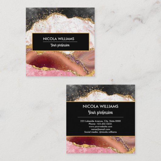 ピンクとブラックのグリッターマーブルゲート スクエア名刺 (正面/裏面)