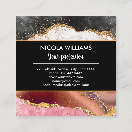 ピンクとブラックのグリッターマーブルゲート スクエア名刺 (裏面)