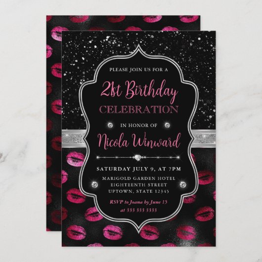 ピンクとブラックのグリッターリップ21歳の誕生日 招待状 (正面/裏面)